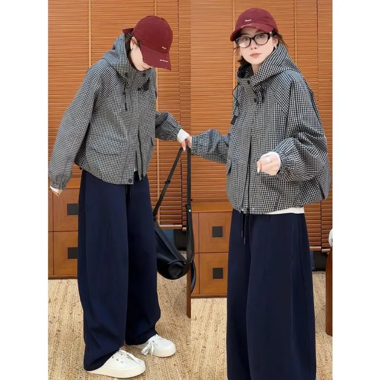 2025春秋季新款女士时尚小众细格纹连帽短外套宽松洋气百搭冲锋衣