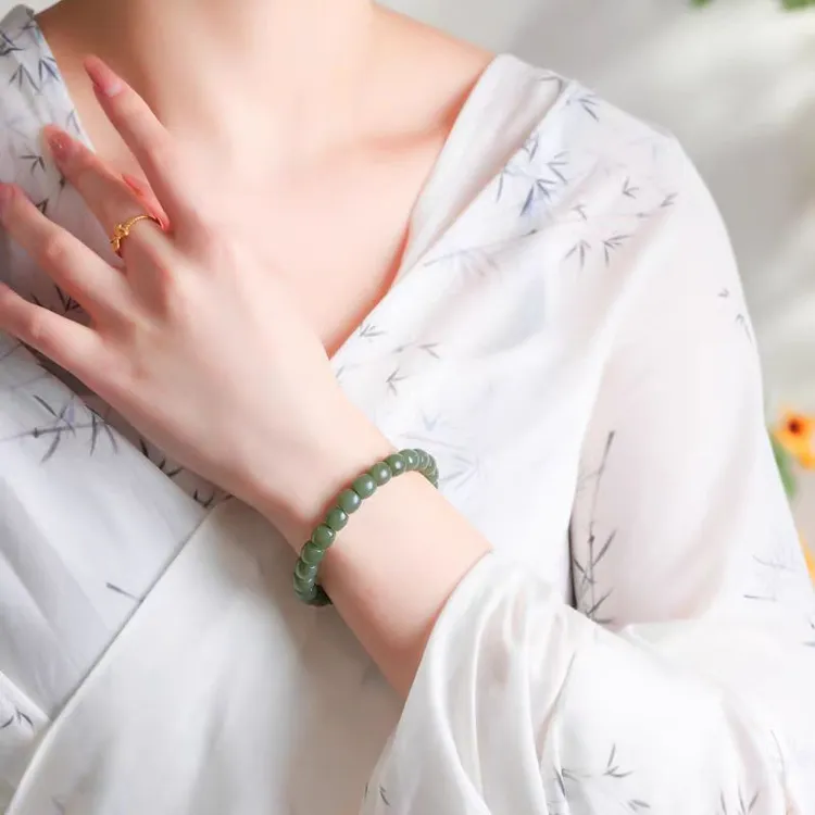 和田玉青黄口直切手串单圈男女情侣款百搭玉石手链老型珠玉串手饰