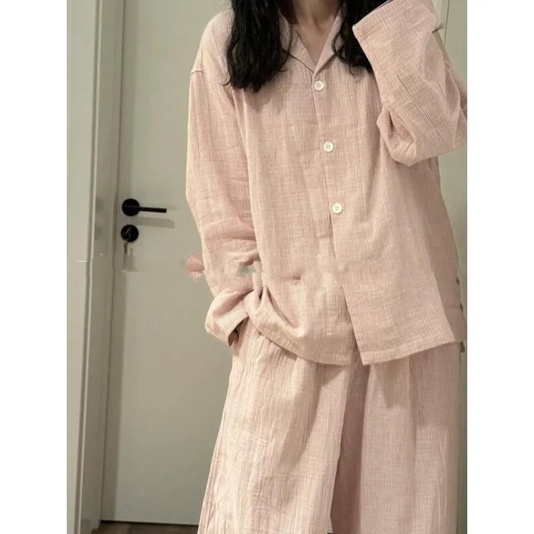 【舒适居家】少女风甜美纯棉睡衣女套装春秋季新款双层棉纱布家居