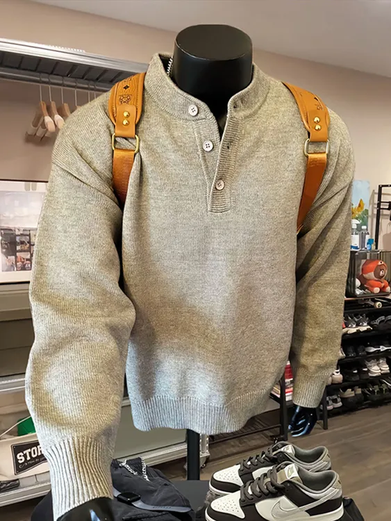 cleanfit灰色亨利领毛衣男款冬季慵懒风高级感穿搭内搭打底针织衫