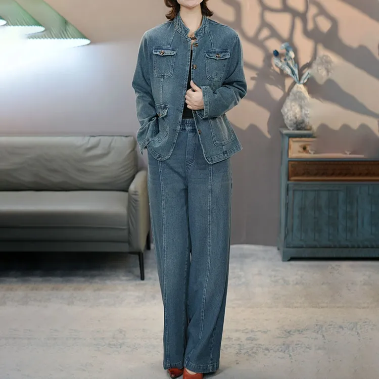 8906-6890蓝套装2025秋季新款长袖外套裤子时尚显瘦百搭上衣长裤