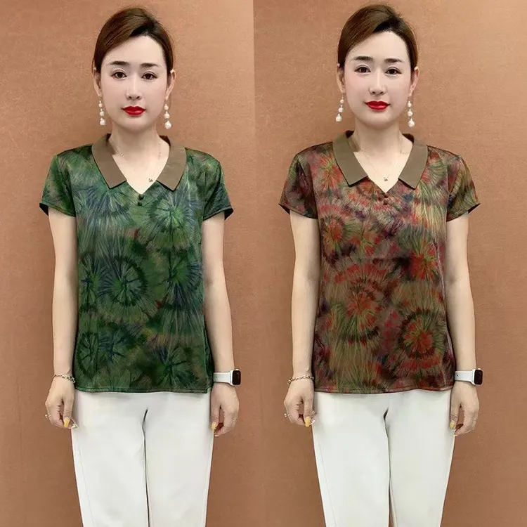 【高档 桑丝缎 短袖小衫】中老年女装时尚洋气印花T恤丝缎大码上衣