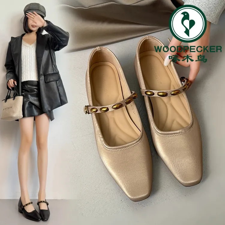 啄木鸟爆款一字式扣带方头软底软皮粗跟单鞋玛丽珍女鞋高跟鞋外穿