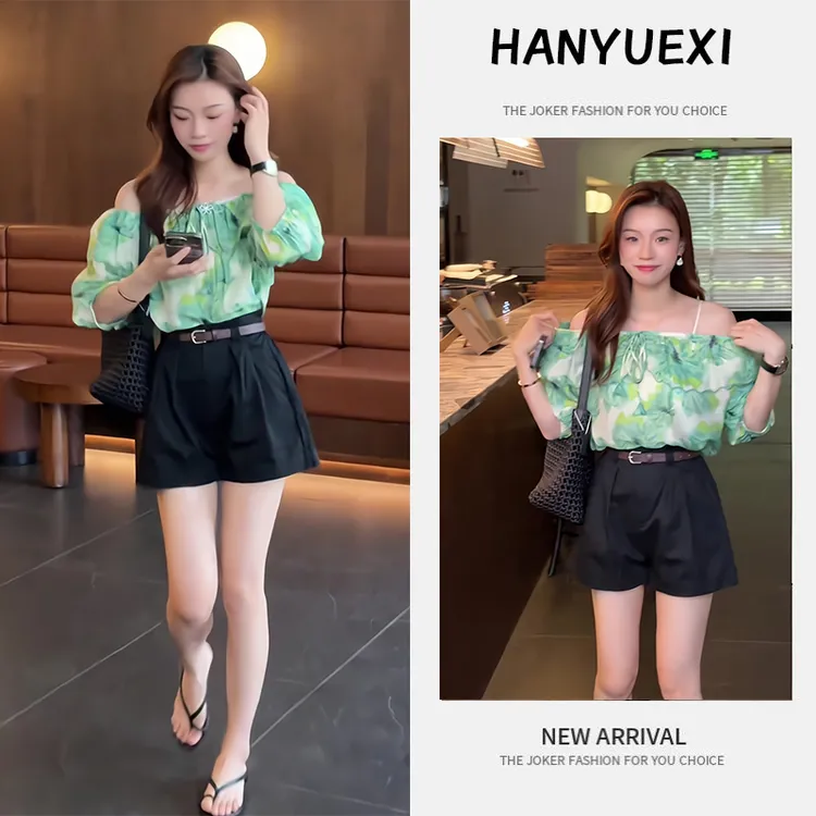 夏季一整套女装2025新款韩版气质休闲减龄露肩长袖上衣短裤两件套
