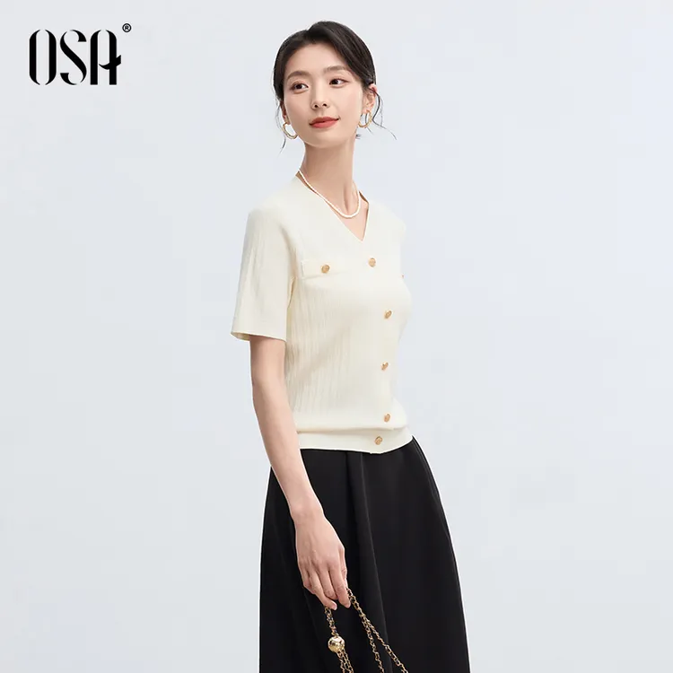 OSA/欧莎 V领通勤金属扣正肩短袖针织T恤女高级感夏季S125B16021