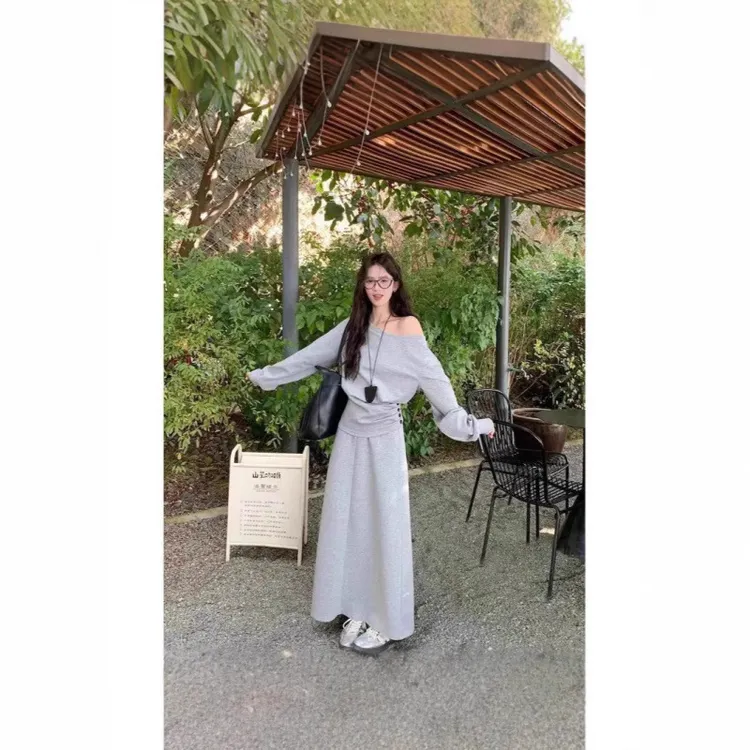 休闲套装灰色露肩长袖卫衣女装春季高腰半身裙A字裙慵懒风两件套