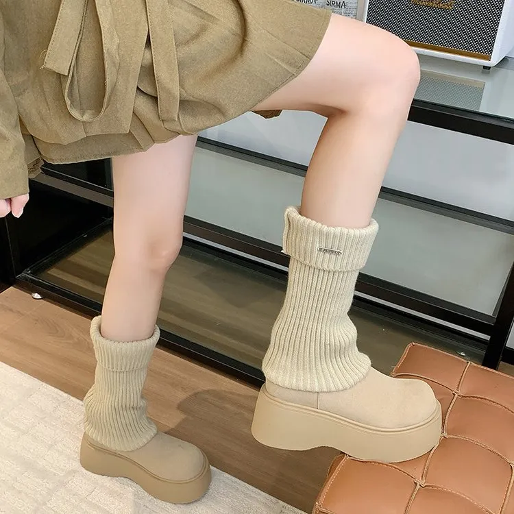2025新款厚底针织袜女增高休闲长靴百搭多变透气时尚拼接洋气高靴