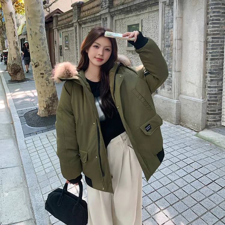 欧货大毛领连帽棉衣棉服女冬季加厚保暖服欧美宽松棉袄外套潮
