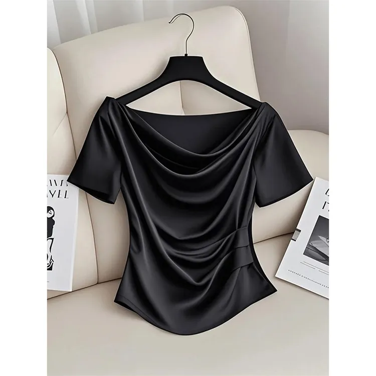 女款法式黑色一字肩荡领T恤女短袖感2025气质新款短款掐收腰小众