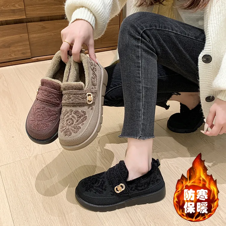 冬季加绒保暖妈妈鞋女士老北京棉鞋防滑舒适一脚蹬中老年奶奶鞋子