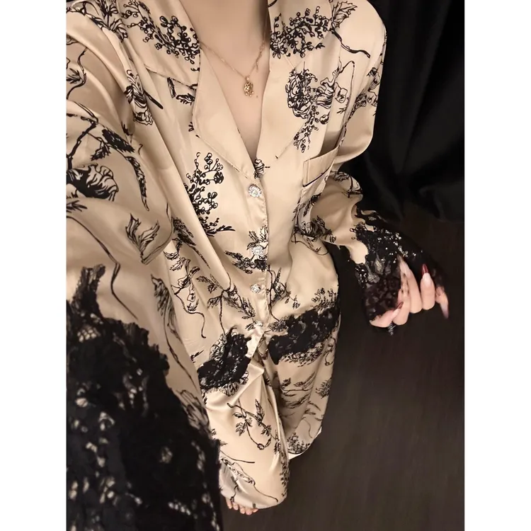 纯欲风水墨画冰丝睡衣女春秋新款拼接蕾丝花边家居服两件套可外穿