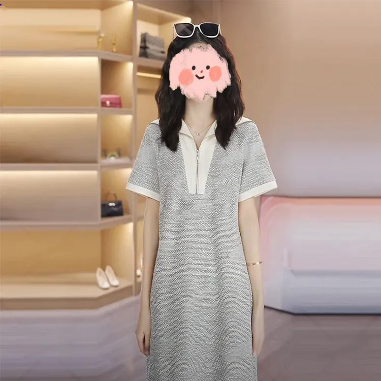 休闲气质海军领拼色短袖连衣裙女2025夏季新款宽松显瘦中长裙女装