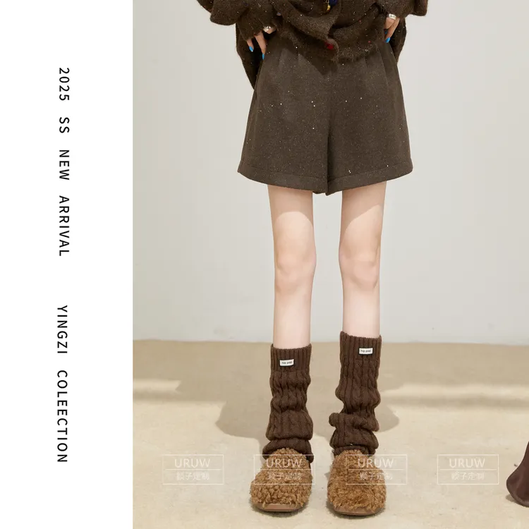 颖子定制【原野焦糖】休闲风时尚亮片毛呢高腰短裤百搭高腰短裤6736