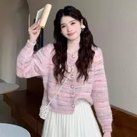粉色圆领毛衣外套女2025春秋新款温柔软糯针织开衫小个子短款上衣
