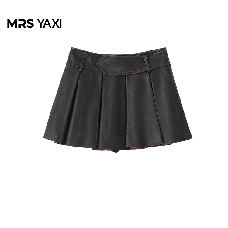 Mrsyaxi复古美拉德擦色羊皮百褶半身裙YX5110406