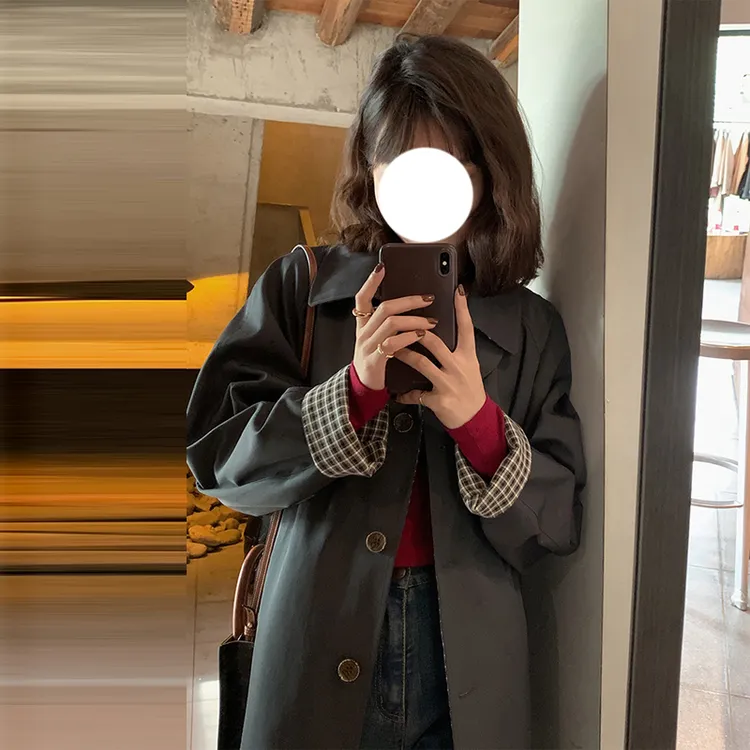风衣外套女2025年新款春秋中长款小个子韩系格纹爆款chic早秋大衣