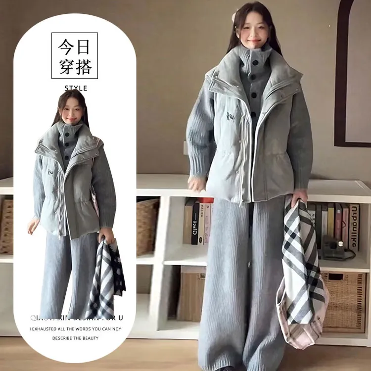 秋冬韩系韩风chic一整套松弛感针织开衫保暖背心棉服休闲裤套装女