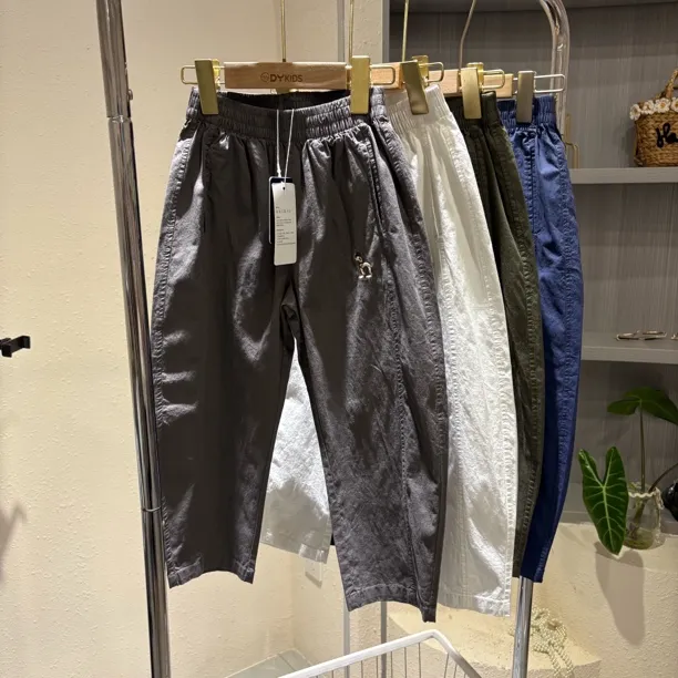 夏季新款水洗棉松紧腰宽松版男童弯刀裤女童萝卜裤休闲哈伦裤