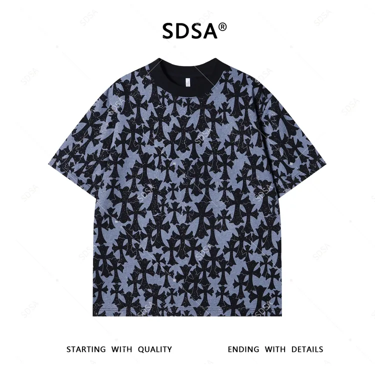 SDSA男士短袖t恤2025新款轻痞帅男装撞色十字满天星圆领上衣复古