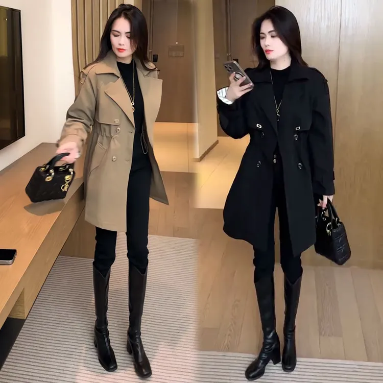 拉夏贝尔风衣外套女2025秋季新款抽绳收腰显瘦中长款气质百搭大衣