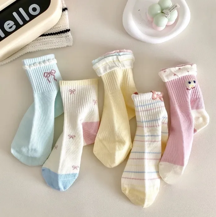 【秋款上新】女童袜子秋款黄粉系蝴蝶结女宝卡通百搭中筒棉袜