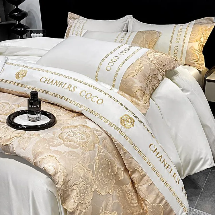 夏季冰丝刺绣裸睡四件套轻奢高级凉感水洗真丝滑被套床单三件套笠