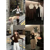 LUU桃喜儿/修身U领长袖针织打底衫女秋冬设计感内搭显瘦T恤上衣