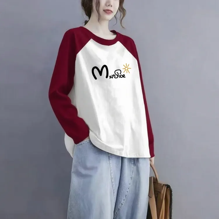 100%纯棉长袖t恤女士秋季新款大码宽松休闲减龄拼接撞色圆领上衣