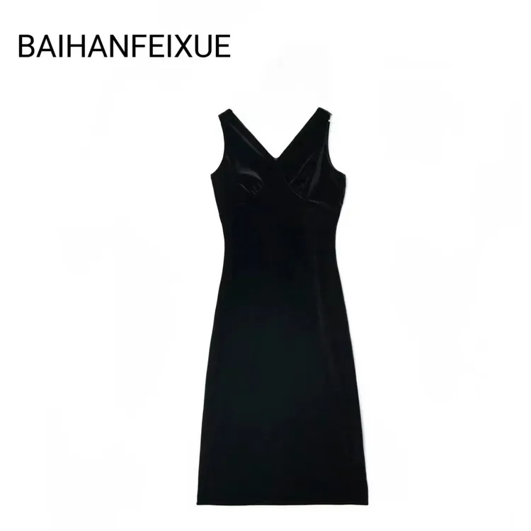 360-法式黑色金丝绒无袖连衣裙女秋冬季新款端庄大气气质内搭长裙