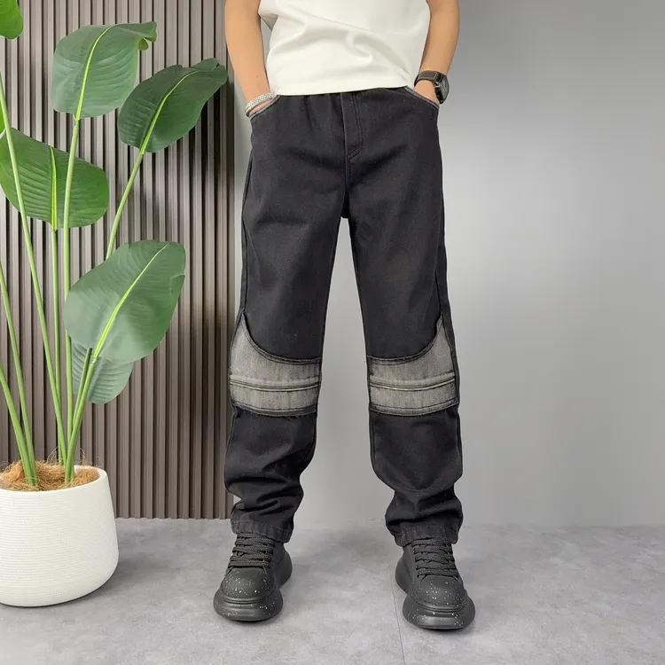 秋冬新款男士加绒牛仔裤宽松百搭直筒工装裤拼接撞色痞帅休闲长裤