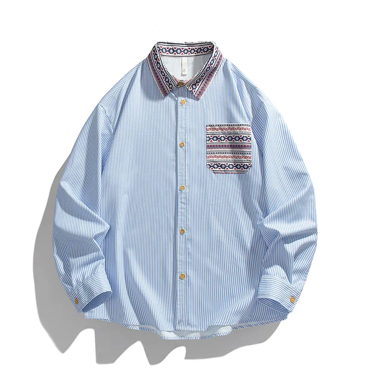 民族风竖条纹长袖衬衫男秋季美式复古潮牌宽松情侣装蓝色衬衣外套
