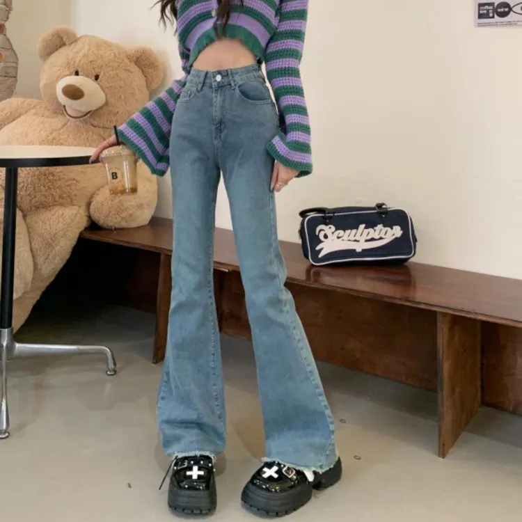 美式高腰复古毛边微喇叭牛仔裤女修身马蹄裤春夏秋季美式显瘦爆款