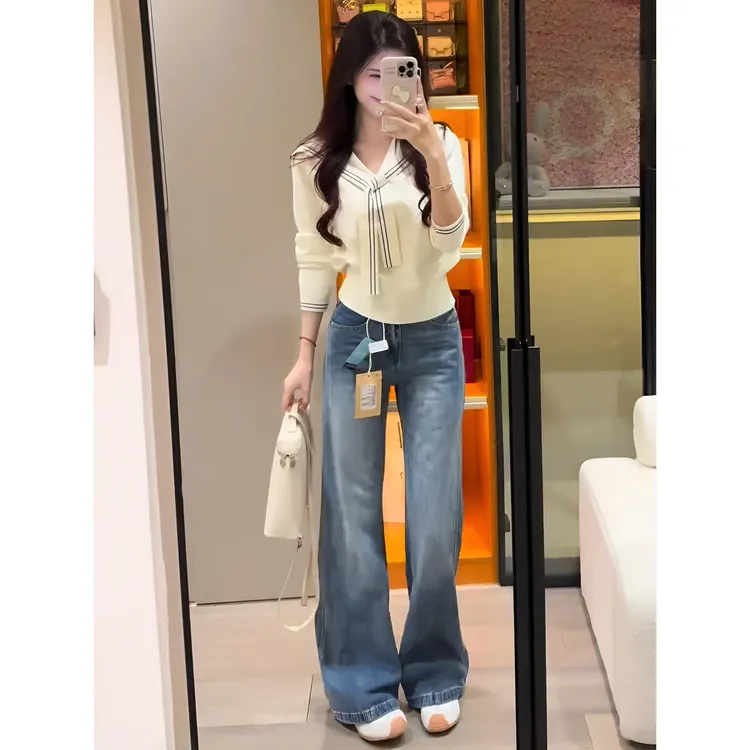 早秋新款气质学院风穿搭海军领系带针织衫宽松直筒牛仔裤两件套装