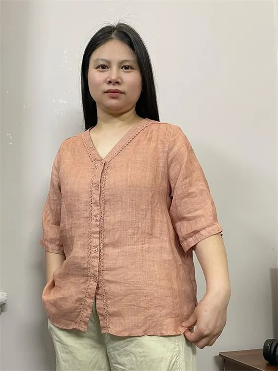 女士夏季短袖衬衫中式复古宽松文艺中袖苎麻休闲纯色V领花边衬衣