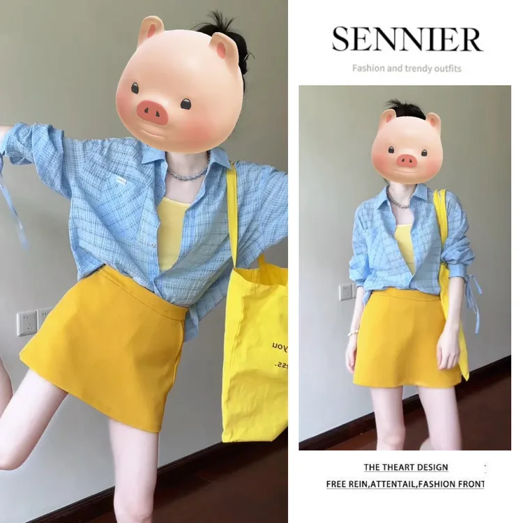 【现货】2025夏季爆款穿搭女韩系格子长袖衬衫显瘦吊带半身裙三件套