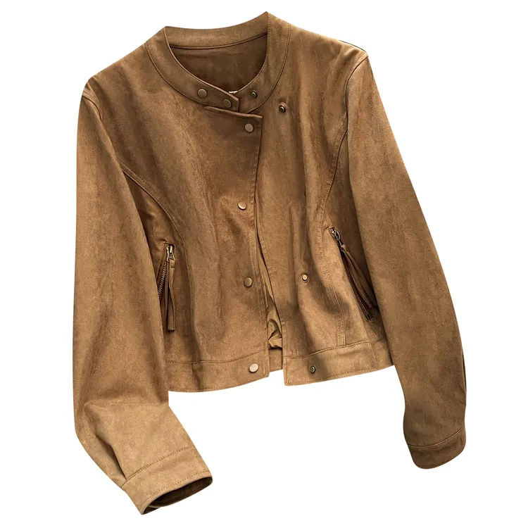 美拉德复古卡其棕色麂皮绒外套女短款2025早秋季新款圆领正肩夹克