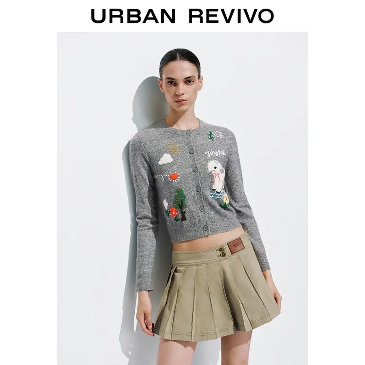 UR2025秋季新款女装休闲童趣刺绣图案短款针织开衫UYL950168