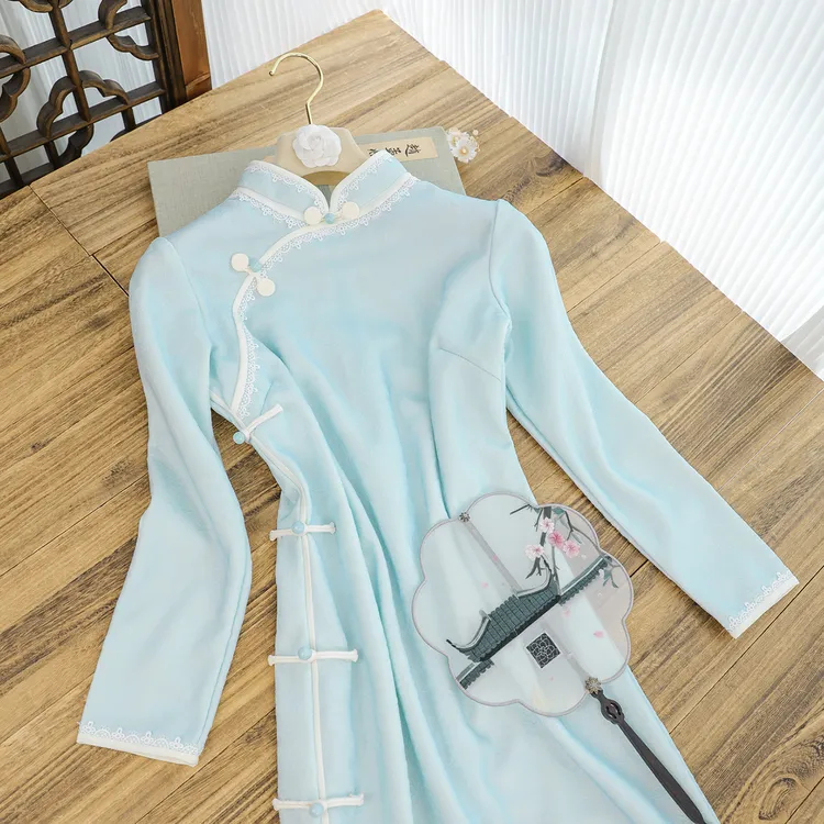 俏娘鱼蓝色复古新中式长袖改良旗袍女2025秋季新款日常可穿年轻款