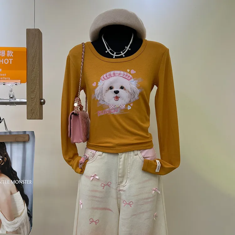 韩系穿搭2025冬日新款加绒加厚圆领长袖t恤女印花显瘦内搭ins上衣