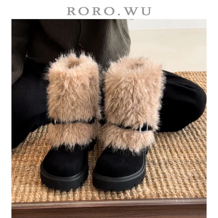 娆娆吴·圆头加绒保暖皮带扣毛毛棉靴冬季新款粗跟短筒雪地靴女F06