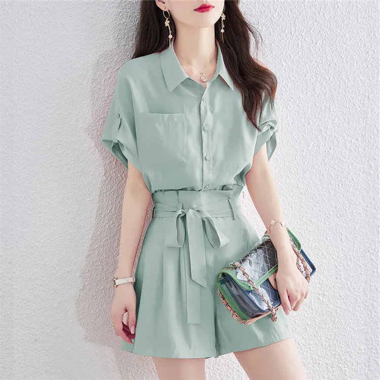 【两件套】气质短袖衬衫女宽松衬衣+设计感高腰阔腿短裤时尚套装