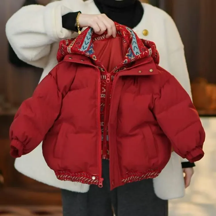 儿童红色加厚棉服冬季25年新款男女童假两件连帽棉袄宝宝洋气外套