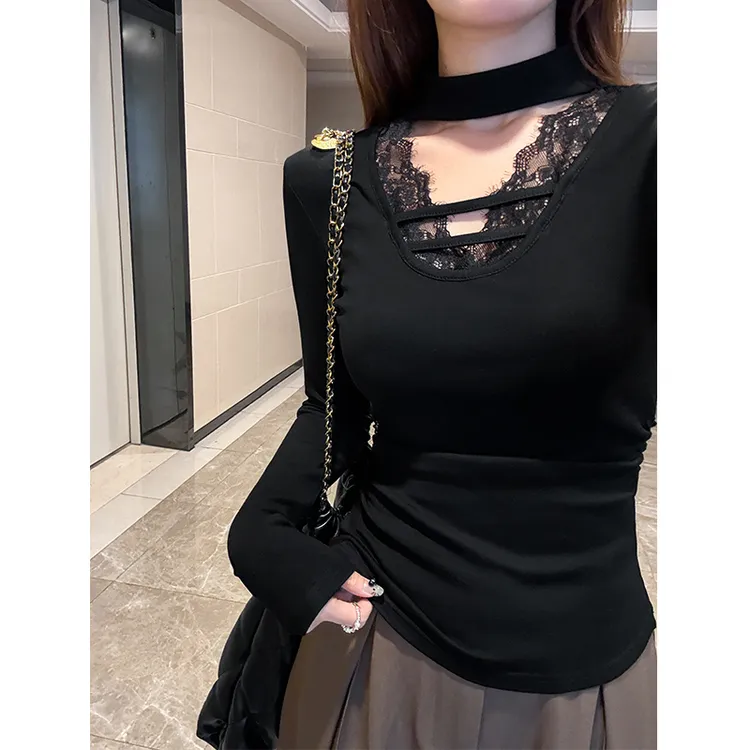 纯欲风挂脖长袖T恤女显瘦蕾丝拼接v领加绒上衣秋冬修身加绒打底衫