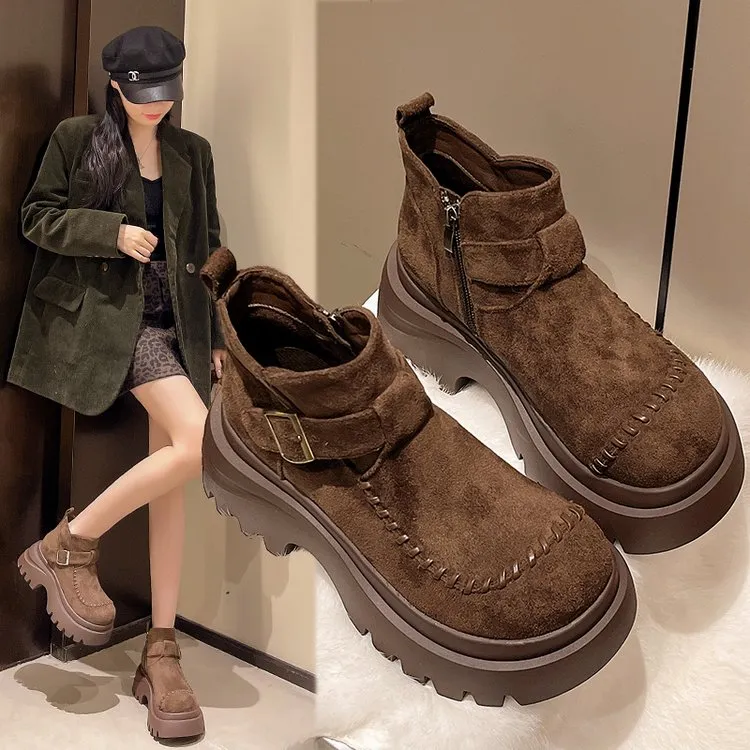 2025秋冬加绒复古绒面巨好看百搭显瘦休闲短靴厚底勃肯鞋女马丁靴