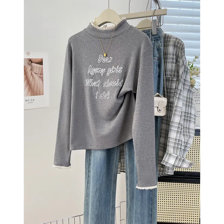 法式设计感蕾丝拼接长袖T恤衫加绒保暖显瘦百搭刺绣女装打底内搭