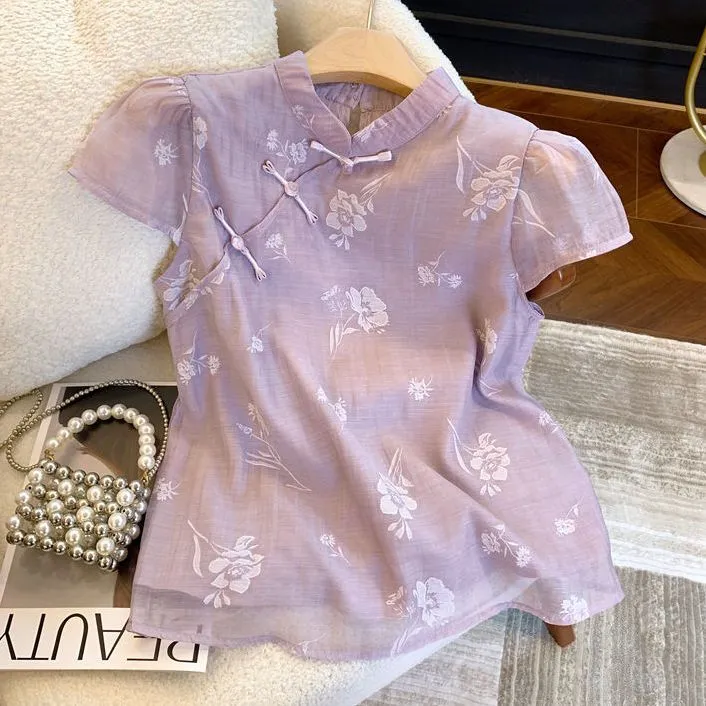 新国风宽松泡泡袖七分禅意衬衫女夏款提花旗袍领小衣