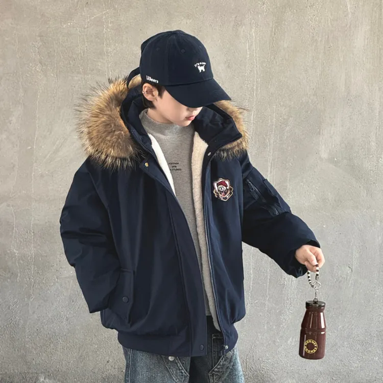 8889儿童加绒加厚外套过冬新款毛领派克服冲锋衣上衣棉服棉袄