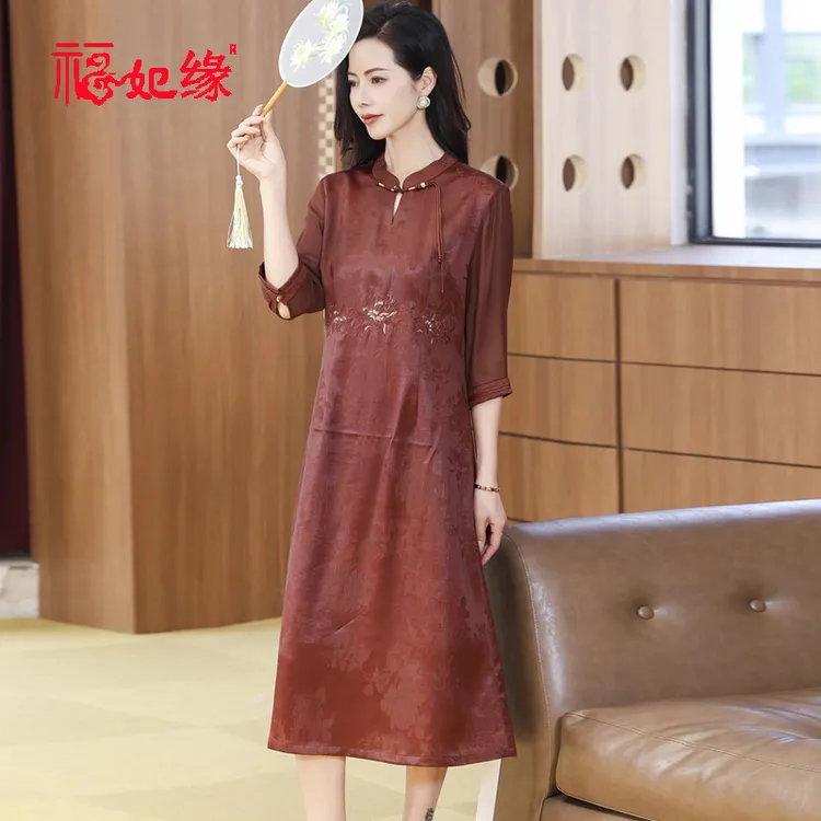 红云纱桑蚕丝中长款连衣裙五分袖旗袍款2025夏季新品香云纱裙