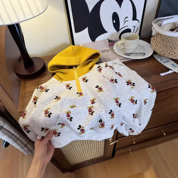 男女童连帽卫衣套装春秋季新款韩版卡通米奇卫裤儿童宝宝拼色上衣