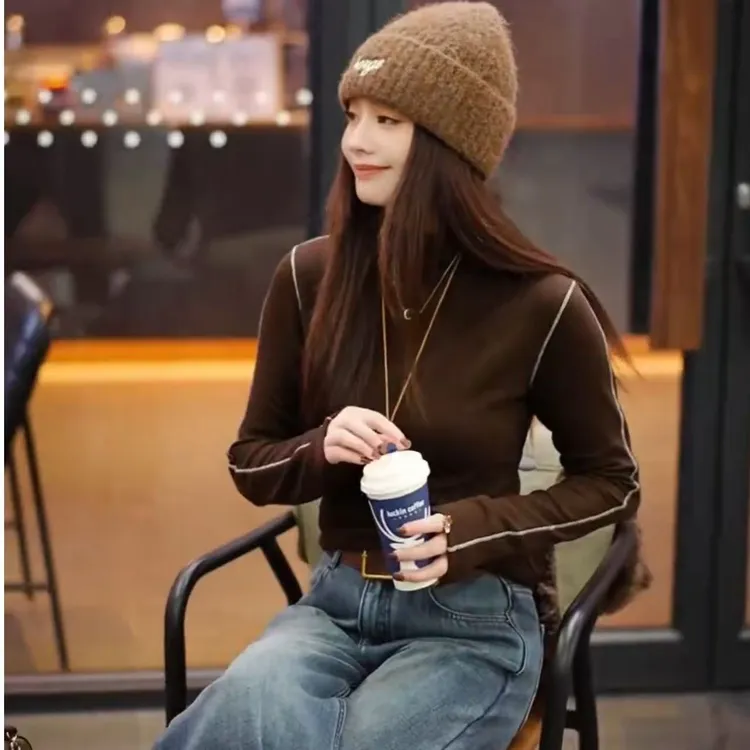 【风染】秋冬新款加厚加绒纯色休闲保暖打底T恤ZZ1397